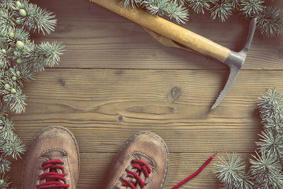 Low section of person standing by ice axe on wooden floor