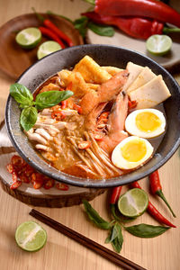 High angle view of food in plate on table