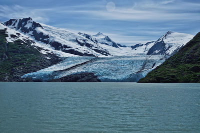 Scenic view of snowcapped mountains by sea against sky