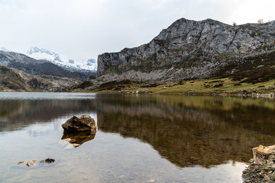 Scenic view of lake and mountains against sky