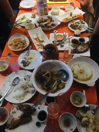 High angle view of food served on table