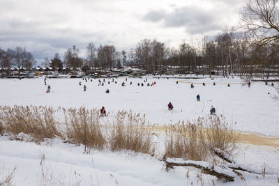 Bare trees on snow covered field against sky