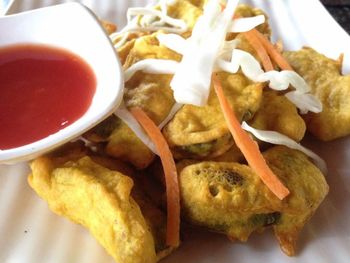 Close-up of food served on table