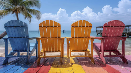 Empty chairs against sky