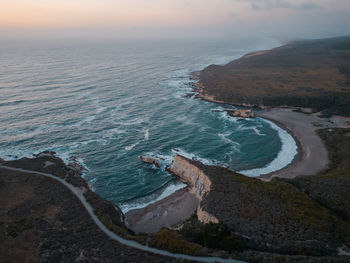 Aerial view overlooking spooners cove at sunset