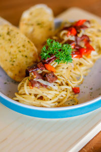 Close-up of spaghetti noodles served in bowl