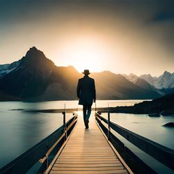 Rear view of man standing by lake