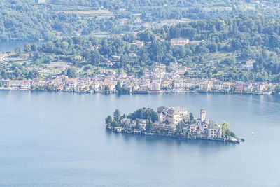Aerial view of the island of san giulio in the lake orta