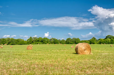 Hay bales on field against sky