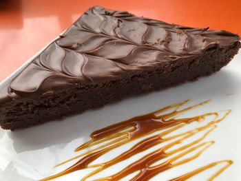 Close-up of chocolate cake in plate