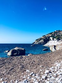 Scenic view of sea against clear blue sky