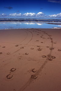 Footprints on sand at beach against sky