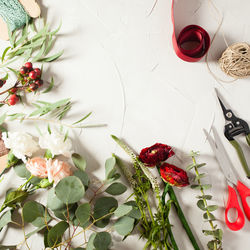 High angle view of rose bouquet on table