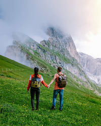 Rear view of couple holding hands looking at mountain