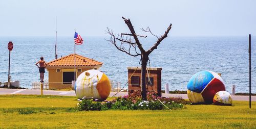 Friends on sea shore against clear sky