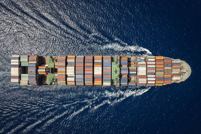 Aerial view of cargo ship in sea