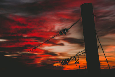 Low angle view of silhouette pole against orange sky