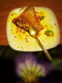 High angle view of breakfast on table