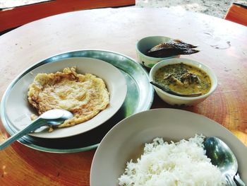 High angle view of breakfast served on table