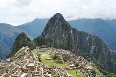 High angle view of old ruins against sky