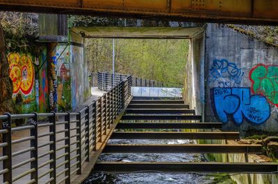 Graffiti on staircase of abandoned building