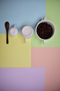 Directly above shot of coffee cup on table against wall