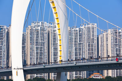 Modern buildings in city against clear sky