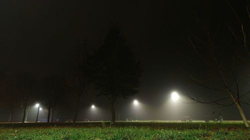 Illuminated street light on field against sky at night