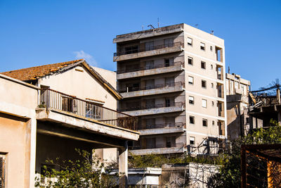 Low angle view of building against clear blue sky