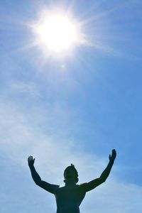 Low angle view of hand statue against sky