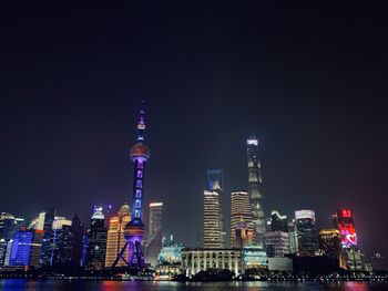 Illuminated buildings in city at night