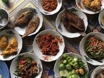 High angle view of meal served on table