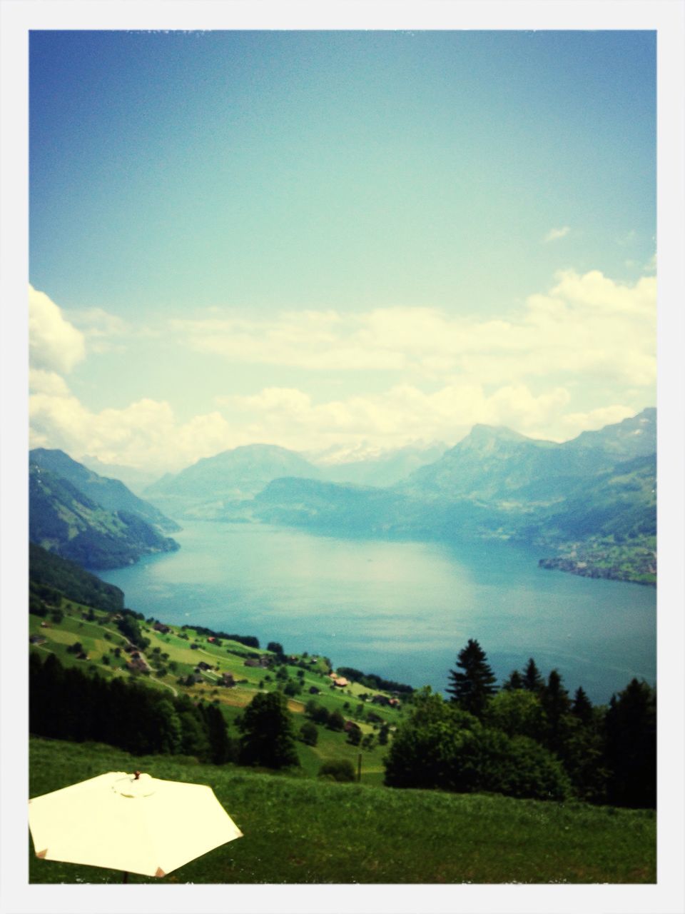 mountain, mountain range, tranquil scene, transfer print, scenics, tranquility, beauty in nature, sky, landscape, auto post production filter, lake, nature, tree, water, cloud - sky, cloud, idyllic, non-urban scene, countryside, day