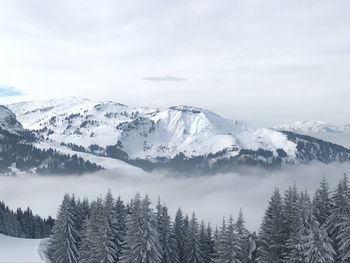 Scenic view of snow covered mountains against sky