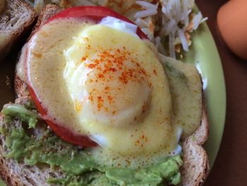 Close-up of breakfast served in plate