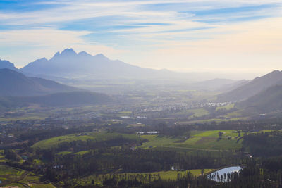 Aerial view of landscape and townscape against sky