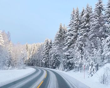 Road amidst snow covered trees against sky