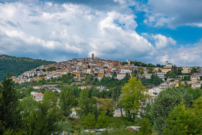 High angle shot of townscape against sky