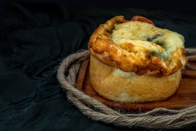 High angle view of bread in basket on table