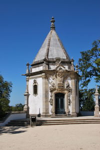 Low angle view of building against clear blue sky