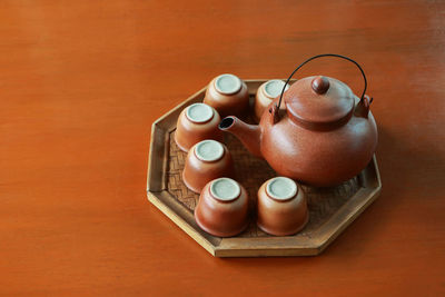 Close-up of chess pieces on table