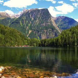 Scenic view of lake with mountains in background