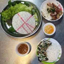 High angle view of meal served on table