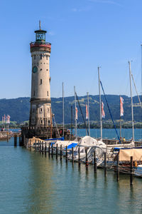 View of lighthouse by sea against sky