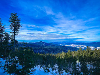Scenic view of snowcapped mountains against blue sky