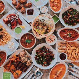 High angle view of food on table