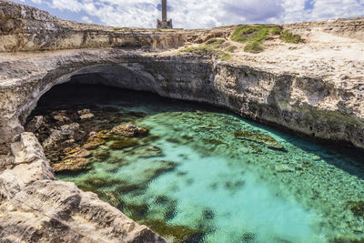 High angle view of rocks in sea against sky