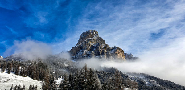 Low angle view of snow covered mountain against sky