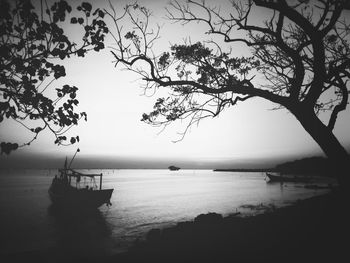 Silhouette boat by trees against sky at pantai delegan beach