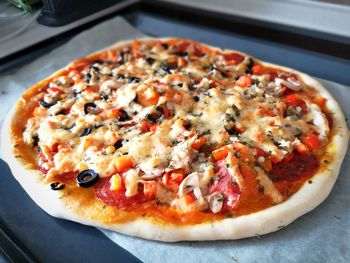 High angle view of pizza on table